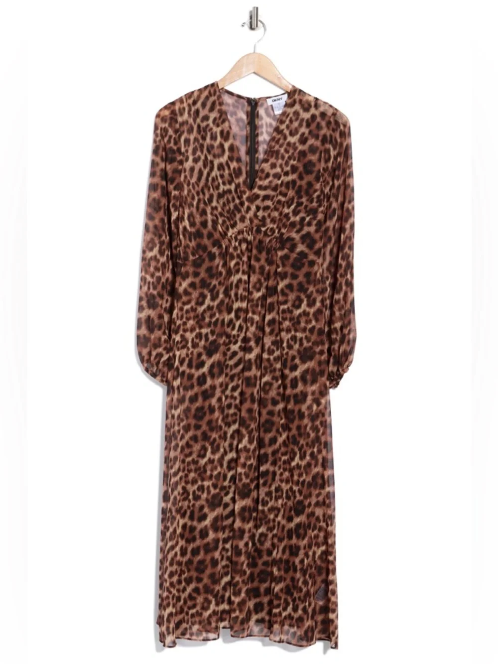 DKNY Chiffon Leopard Print Blouson Sleeve Empire Waist Dress - Picture 16 of 16